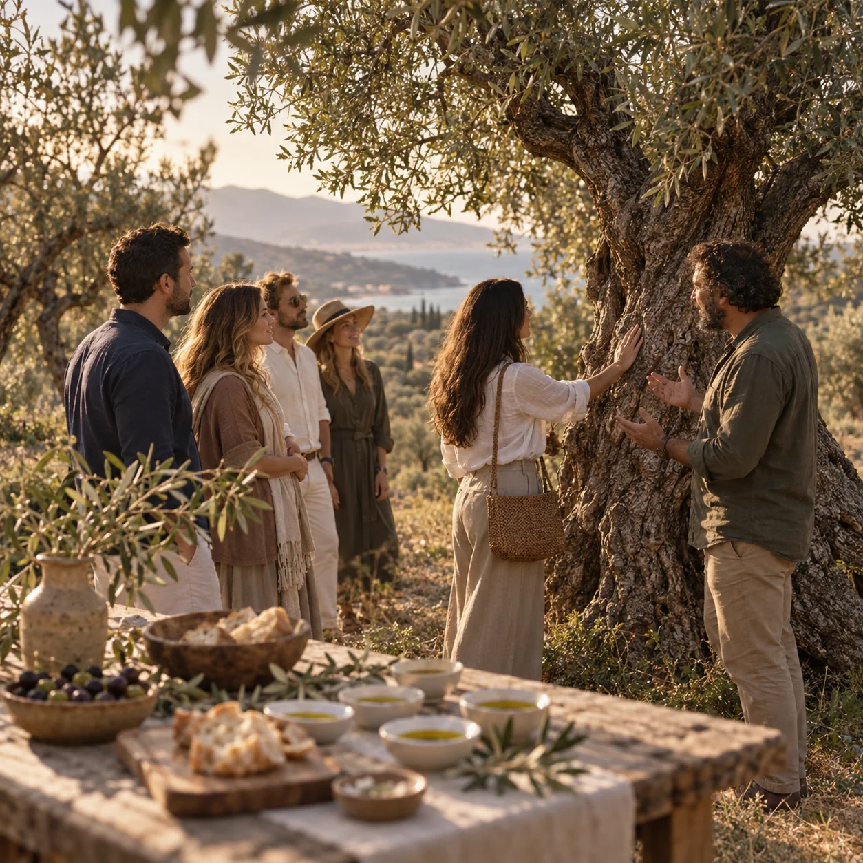 Visitors meeting around an olive tree and tasting table