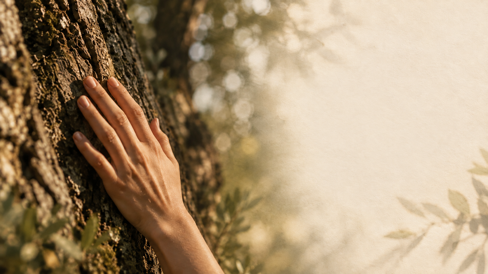 A hand resting on an olive tree trunk, suggesting a continuing connection to its story