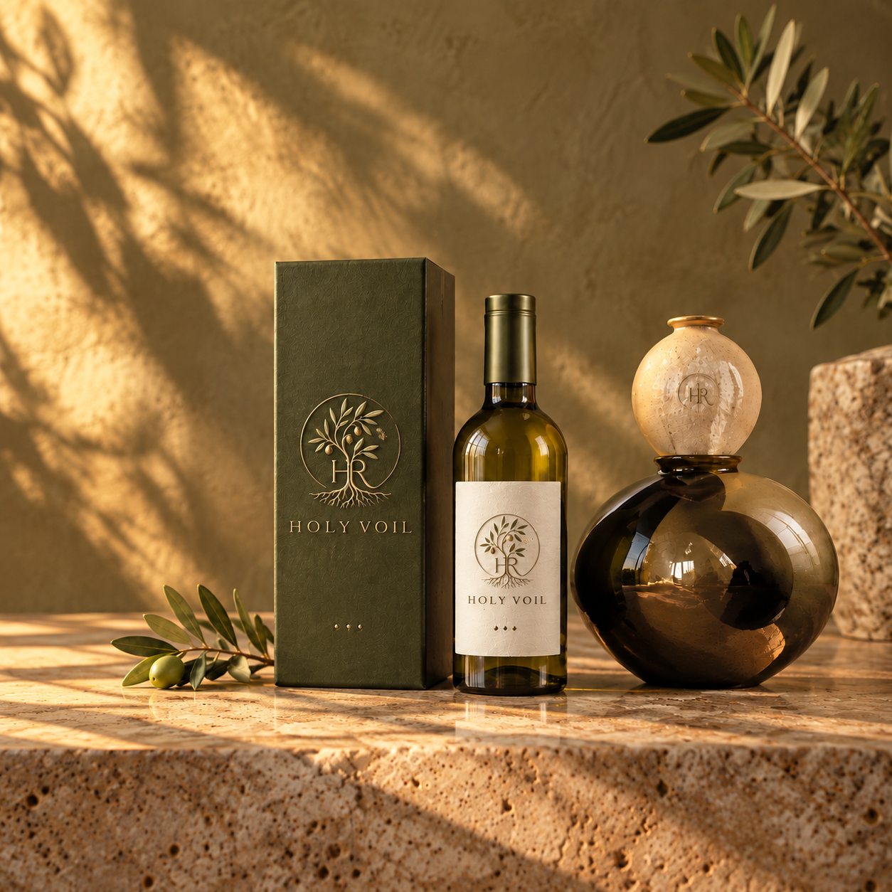 Concept mockup of HolyVoil olive oil bottle, packaging and serving vessel