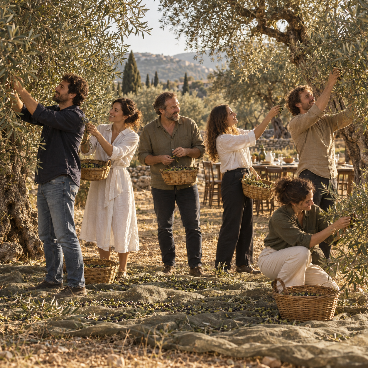 Group gathering olives together among the trees